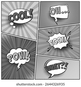 Conjunto de fondos de historietas de dibujos animados. Burbuja del discurso. Afiche en blanco y negro de cómic con Elementos semitonos y líneas radiales. Estilo de arte Pop retro. Ilustración vectorial