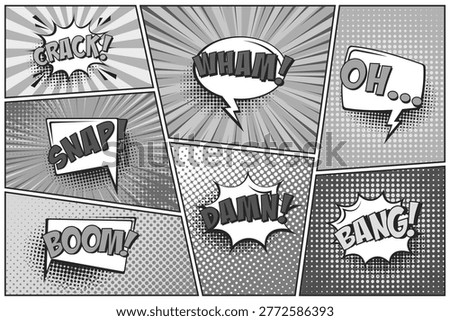 Cartoon comic backgrounds set. Speech bubble. Comics book black and white poster with halftone elements and radial lines. Retro Pop Art style. Vector illustration