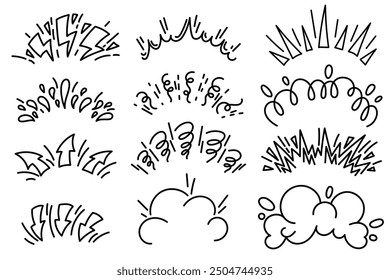 Cartoon comic bomb bang explosion effect. Vector burst with splashes and smoke elements. Doodle speed lines and pow clouds. Hand drawn fire lightning and arrows sketch.