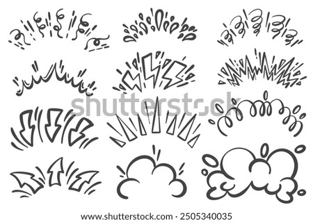 Cartoon comic bomb bang explosion effect. Vector burst with splashes and smoke elements. Doodle speed lines and pow clouds. Hand drawn fire lightning and arrows sketch.