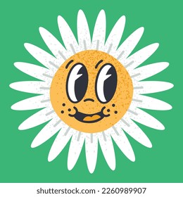 Flores de margarita en el libro de historietas de dibujos animados. Flor de camomila retro floreciente con caras graciosas, emojis margarita con ojos y bocas. Conjunto de ilustraciones de vector plano