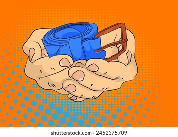 Cartoon, comic book human hands holding Men's Belts. Retro vector comics pop art design.