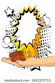 Caricatura, libro de historietas de manos humanas sosteniendo cinturones de hombres. Cómics de Vector retro diseño de arte pop.