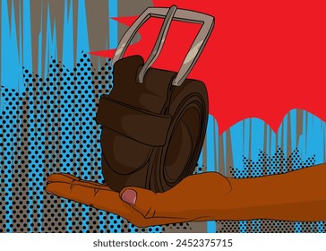 Cartoon, comic book human hands holding Men's Belts. Retro vector comics pop art design.