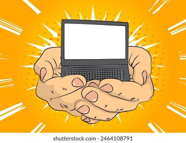 Cartoon, comic book human hands holding Laptop. Retro vector comics pop art design.