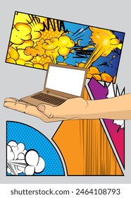 Cartoon, comic book human hands holding Laptop. Retro vector comics pop art design.