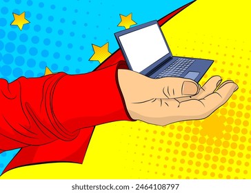 Cartoon, comic book human hands holding Laptop. Retro vector comics pop art design.