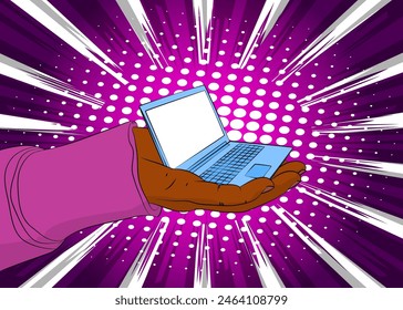 Cartoon, comic book human hands holding Laptop. Retro vector comics pop art design.