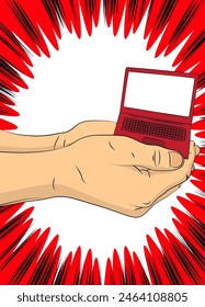 Cartoon, Comic Buch menschliche Hände halten Laptop. Retro Vektorgrafik Comics Pop Art Design.