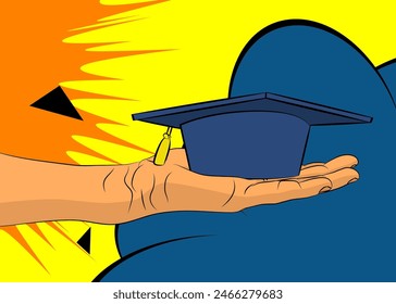 Cartoon, comic book human hands holding Graduation Hat. Retro vector comics pop art design.