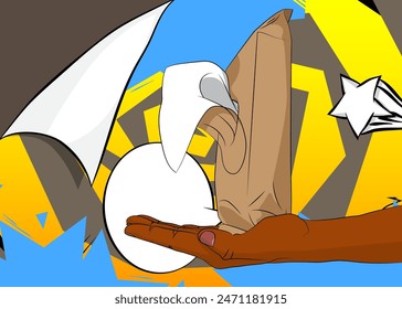 Cartoon, comic book human hands holding Wet Wipe. Retro vector comics pop art design.
