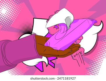 Cartoon, comic book human hands holding Wet Wipe. Retro vector comics pop art design.