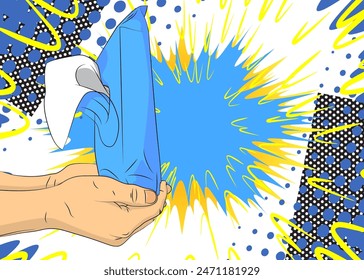 Cartoon, comic book human hands holding Wet Wipe. Retro vector comics pop art design.