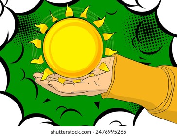 Cartoon, comic book human hands holding Summer Sun. Retro vector comics pop art design.