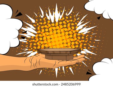 Cartoon, comic book human hands holding Pedestal Podium, Stage. Retro vector comics pop art design.