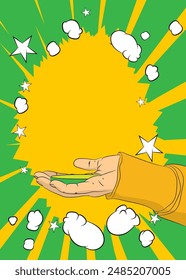 Cartoon, comic book human hands holding Pedestal Podium, Stage. Retro vector comics pop art design.