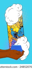Caricatura, libro de historietas manos humanas sosteniendo el podio del pedestal, escenario. Cómics de Vector retro diseño de arte pop.