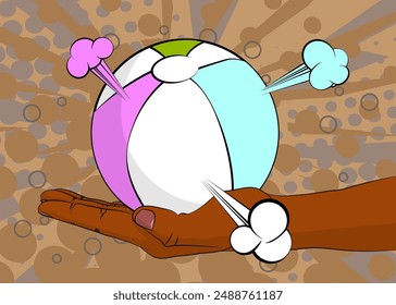 Cartoon, Comic-Buch menschliche Hände halten Beach Ball. Retro Vektorgrafik Comics Pop Art Design.