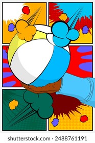 Caricatura, libro de historietas de manos humanas sosteniendo Beach Ball. Cómics de Vector retro diseño de arte pop.