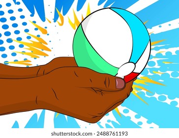 Caricatura, libro de historietas de manos humanas sosteniendo Beach Ball. Cómics de Vector retro diseño de arte pop.