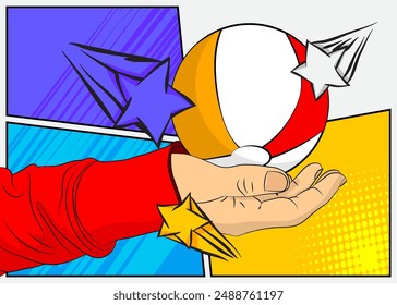 Cartoon, comic book human hands holding Beach Ball. Retro vector comics pop art design.