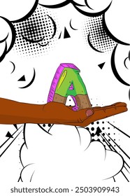Dibujos animados, cómic manos humanas sosteniendo la letra A. Diseño de arte pop de cómics de Vector retro.
