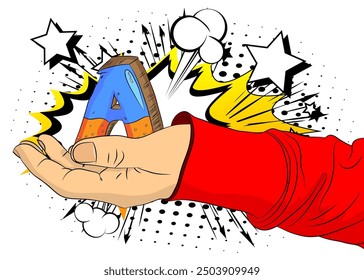Dessin animé, bande dessinée mains humaines tenant la lettre A. Image vectorielle rétro bande dessinée pop art design.
