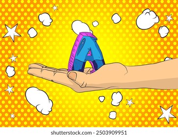 Cartoon, comic book human hands holding letter A. Retro vector comics pop art design.

