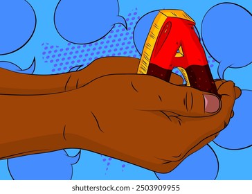 Cartoon, comic book human hands holding letter A. Retro vector comics pop art design.
