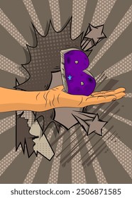 Cartoon, comic book human hands holding Letter B. Retro vector comics pop art design.