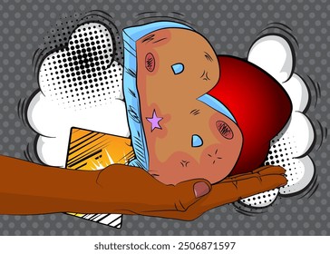 Cartoon, comic book human hands holding Letter B. Retro vector comics pop art design.