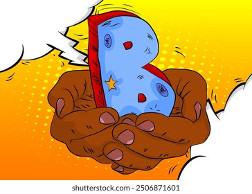 Dibujos animados, cómic manos humanas sosteniendo la letra B. Diseño de arte pop de cómics de Vector retro.