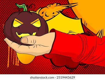 Cartoon, comic book human hands holding Jack O' Lantern. Retro Halloween Pumpkin vector comics pop art design.