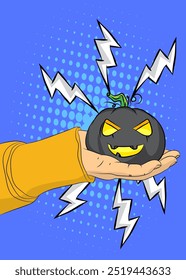 Desenho animado, história em quadrinhos com mãos humanas segurando Jack O' Lantern. Retro Halloween Pumpkin vetor quadrinhos pop art design.