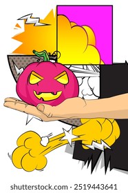 Desenho animado, história em quadrinhos com mãos humanas segurando Jack O' Lantern. Retro Halloween Pumpkin vetor quadrinhos pop art design.