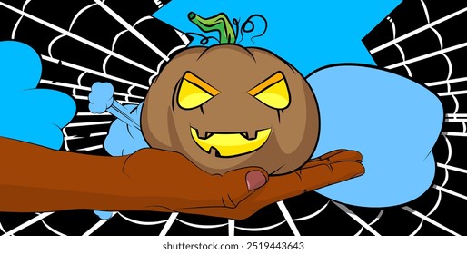 Dibujos animados, cómic manos humanas sosteniendo Jack O' Lantern. Diseño retro del arte pop de los cómics del Vector de la calabaza de Halloween.