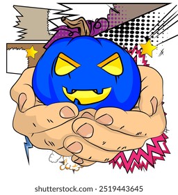 Dibujos animados, cómic manos humanas sosteniendo Jack O' Lantern. Diseño retro del arte pop de los cómics del Vector de la calabaza de Halloween.