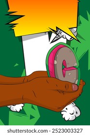 Cartoon, comic book human hands holding Letter C. Retro vector comics pop art design.