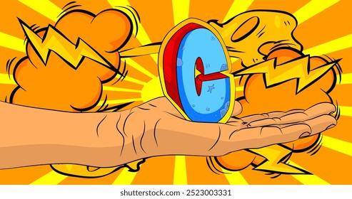 Cartoon, comic book human hands holding Letter C. Retro vector comics pop art design.