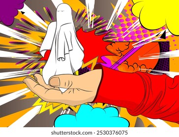 Cartoon, comic book human hands holding Ghost. Retro Halloween vector comics pop art design.