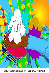 Cartoon, comic book human hands holding Ghost. Retro Halloween vector comics pop art design.