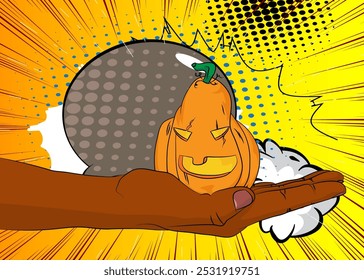 Cartoon, história em quadrinhos mãos humanas segurando Halloween Jack O' Lantern Pumpkin. Quadrinhos vetoriais retrô com design de arte pop.