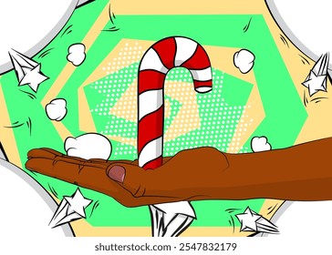 Cartoon, comic book human hands holding Candy cane. Retro vector comics pop art design.