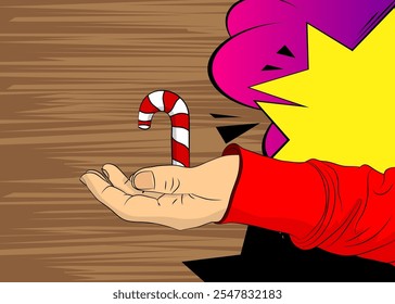 Cartoon, comic book human hands holding Candy cane. Retro vector comics pop art design.