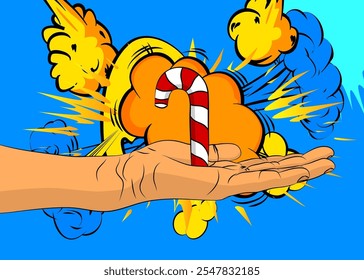 Desenhos animados, histórias em quadrinhos com as mãos humanas segurando cana-de-doce. Quadrinhos vetoriais retrô com design de arte pop.