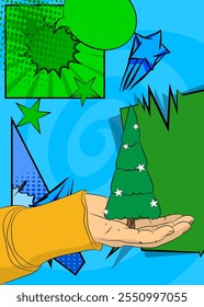 Desenho animado, história em quadrinhos com mãos humanas segurando um pinheiro decorado de Natal. Quadrinhos vetoriais retrô com design de arte pop.