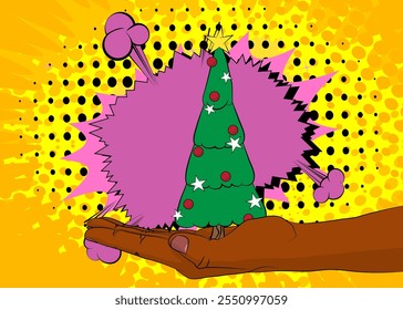 Desenho animado, história em quadrinhos com mãos humanas segurando um pinheiro decorado de Natal. Quadrinhos vetoriais retrô com design de arte pop.