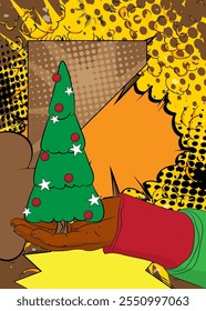 Cartoon, comic book human hands holding Christmas decorated pine tree. Retro vector comics pop art design.