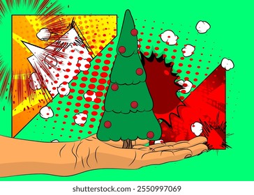 Dibujos animados, cómic manos humanas sosteniendo Navidades decoradas árbol de pino. Diseño de arte pop de cómics de Vector retro.