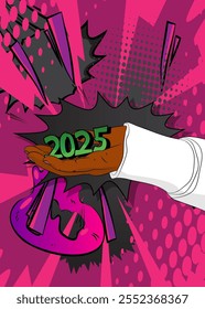 Cartoon, comic book human hands holding 2025. Retro vector comics pop art design.